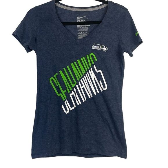 Nike Slim Women's Seattle Seahawks V-Neck Short Sleeve T-Shirt Blue Gray Small - Picture 1 of 7